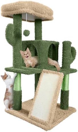 CAPHAUS Cactus Cat Tower for Indoor Cats, Cute 37-Inch Small Cactus Cat Tree w/Widened Perch for Large Cats & Kittens, Multi-Level Cat Activity Tree w/Scratching Posts & Ramp, 2-Door Cat Cave Condo