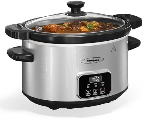 Sunvivi 4QT Programmable Slow Cooker with Locking Lid, Removable Ceramic Pot, 3 Heating Settings & Timer, Dishwasher-Safe, Stainless Steel