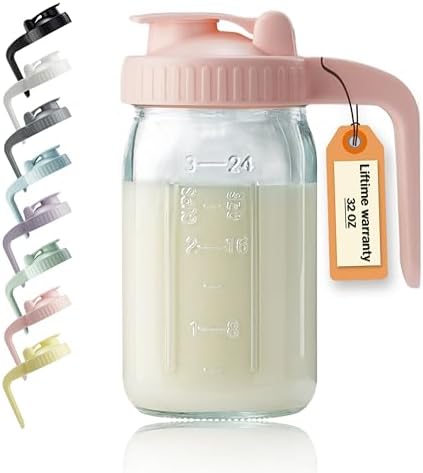 32oz Glass Pitcher with Lid & V-shaped Pour Spout - 1 Quart Breastmilk Pitcher Double Leak Proof, Creamer Container for Sun Tea, Juice, Cold Brew Coffee, Breastmilk Storage Container