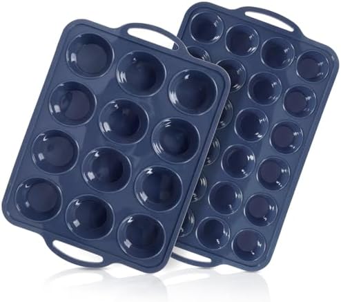 2 Pack Silicone Muffin Pan 12 and 24 Cup with Metal Frame,Non Stick Silicone Mini Cupcake Pan with Handles, BPA Free Silicon Regular Muffin Tin Tray Small for baking, egg bites, Mold Grey