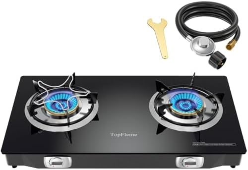 2 Burner Propane Stove 27,200 BTU High-Efficiency Tempered Glass Auto-Ignition Gas Burner Stove Top with CSA Hose for Outdoor RV Camping Emergency Cooking