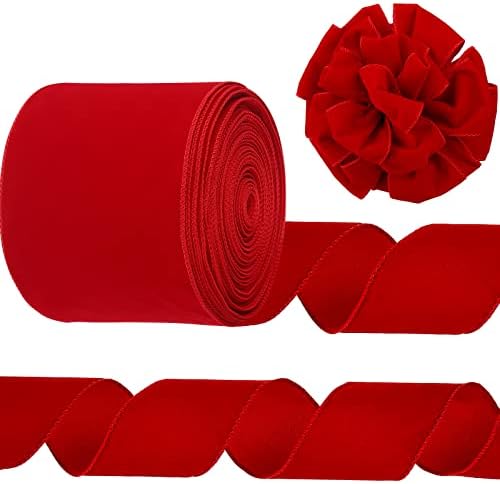 Syhood Christmas Wired Velvet Ribbon with Gold Edge Waterproof Velvet Decoration Ribbon Wrapping for Xmas Wreath Bows Floral Craft Ornaments(6 Inch X 60 Yard,Scarlet)