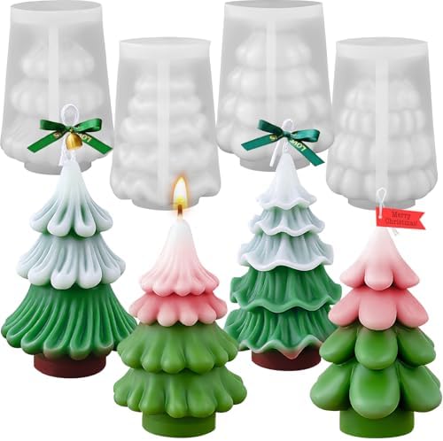 4 Pcs Christmas Tree Candle Molds, 3D Cartoon Christmas Tree Silicone Molds for DIY Candles Wax Soap Plaster Epoxy Resin Casting Craft Xmas Home Decoration Handmade Gift