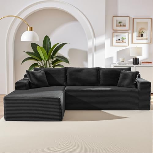 105 Inch Cloud Sectional Couch,Modern Modular Sectional Sofa with Deep Seat,Corduroy Boneless Couches with L-Shape Chaise for Living Room Bedroom,No Assembly Required (Black, Left Facing Chaise)