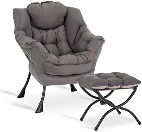 LITA Lazy Chair with Ottoman, Modern Accent Leisure Upholstered Lazy Sofa Armchair, Contemporary Lounge Reading Chair with Armrests and a Side Pocket for Living Room, Bedroom & Small Space, Dark Grey