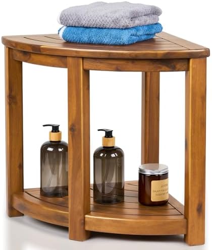 Teak Shower Stool, 18" Corner Shower Benches for Inside Shower Bathroom Wood Shower Seat with Storage Shelf Waterproof - S35796