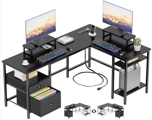 Furologee 59” L Shaped Desk with Power Outlet, Reversible Computer Desk with File Drawer & 2 Monitor Stands, Corner Home Office Table with Storage Shelves for Gaming Writing, Black