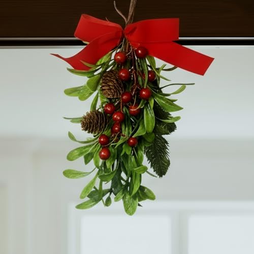 12 '' Large Christmas Mistletoe Decor Xmas Holiday Artificial Mistletoe Giant Kissing Hanging Bouquet Christmas Ornament with Sprigs Red White Berries for Xmas Floral Garland (1 Pcs,Velvet)