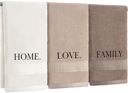 3 Pcs Farmhouse Decorative Hand Towels for Bathroom and Kitchen Rustic Embroidered 100% Cotton Hand Towels Decorative Set for Boho Bathroom Decor (Brown,Home,Love,Family)