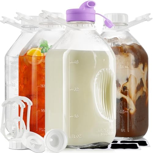 4 Pack 64 Oz Heavy Duty Glass Milk Bottle with 1 Silicone Spout and 5 Reusable Airtight SCREW LID, 2 Qt Glass Water Bottle with 2 Exact Scale Lines - Milk/Juice Jug Pitcher