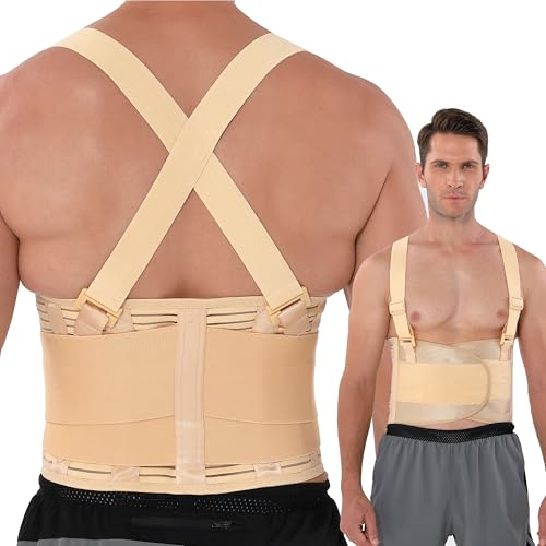 NeoTech Care Adjustable Back Brace Lumbar Support Belt with Suspenders, Beige, Size L