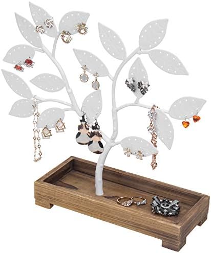 MyGift Earring Storage Rack Organizer, White Metal Jewelry Tree, Necklace and Bracelet Hanger with Wooden Ring Tray Trinket Holder - Holds 68 Pairs of Earrings