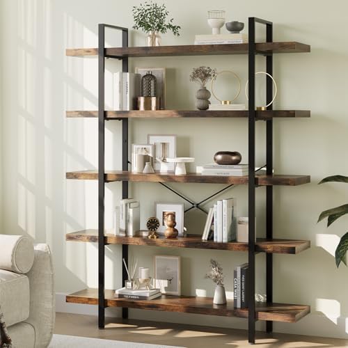 Heavy Duty 5-Tier Industrial Bookcase, 47" Wide Wood Bookshelf for Home Office, 120lbs Shelf Capacity, Rustic Open Shelving Display with Reinforced Horizontal Shelf for Living Room Bedroom