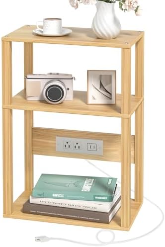 3-Tier Small Narrow Bamboo Side Table with Charging Station, Skinny Nightstand for Small Space, Slim Bedside Table with Storage for Couch, Wooden Thin End Table with USB Ports and Outlets, Natural