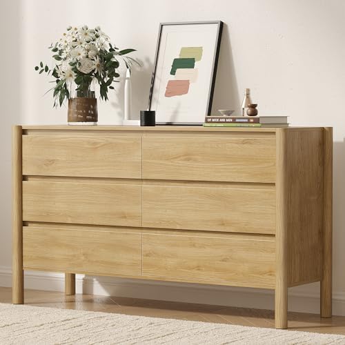 CHUWELL Dresser for Bedroom, 47" Wide Mid Century Modern Chest of Drawers with 6 Large Storage Space and 4 Solid Wood Cylindrical Legs, 6 Drawer Large Dresser for Bedroom(Oak)