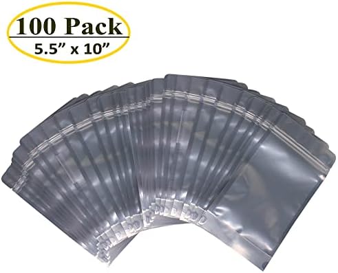 100 Pack 5.5 x 10 Inch Stand Up Pouch Bags Zipper Mylar Bags Clear Front with Aluminum Foil Back Reusable Food Storage Bag for Multipurpose with Gusset Bottom(5.5mil Thickness)