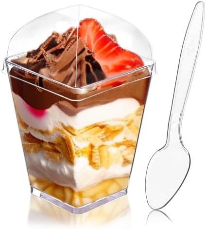50Pack 5oz Plastic Dessert Cups with Lids and Spoons, Square Clear Parfait Appetizer Cups, Mini Reusable Shooter Serving Cups, Party Dessert Shot Glasses for Tasting