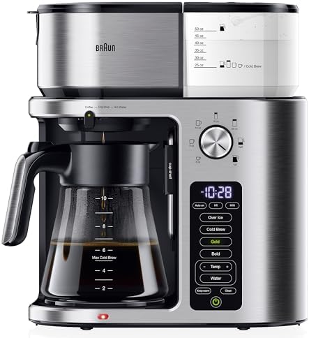 Braun MultiServe Plus 10-Cup Drip Coffee Maker - Hot & Cold Multi-Serve Brewer with Timer and Auto Start, Hot Water Dispenser, Over Ice Function, Stainless Steel & Pod-Free Design, KF9370SI
