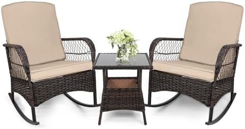 LEVELEVE 3 pcs Rocking Bistro Set Conversation Chairs PE Wicker Outdoor Rocking Chairs & Glass Table,for Porch Lawn Garden Backyard Deck(Rocking Set,Khaki)