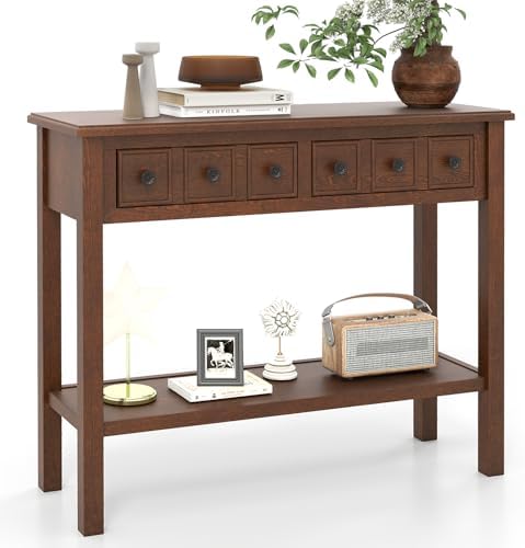 GOFLAME Narrow Console Table with 2 Drawers, 38” Rustic Sofa Table with Bottom Storage Shelf & Embossed Design, 2-Tier Vintage Entry Tables for Living Room, Entryway, Hallway, Walnut