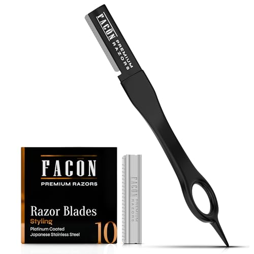Facón Beard Razor for Men - Professional Beard Shaping Tool Grooming Kit with 11 Replacement Blades, Mustache Shaper, Edger & Lineup, Premium Precision Straight Edge Razor 100% Stainless Steel Blade