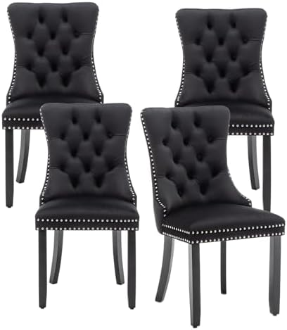 Velvet Dining Chairs Set of 4,Upholstered Dining Chairs with Ring Pull Trim and Button Back and Wood Legs, Modern Seating for Kitchen, Bedroom & Living Room(Black)
