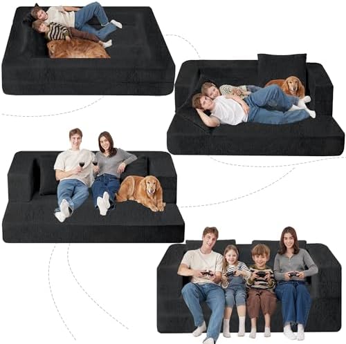 Folding Bean Bag Chair for Adults,3-in-1 Bean Bag Couch Faux Fur Floor Sofa Large Beanbag Convertible Bean Bag Sofa Bed with Pillow in Bedroom,Living Room,Apartment(Queen,Black)