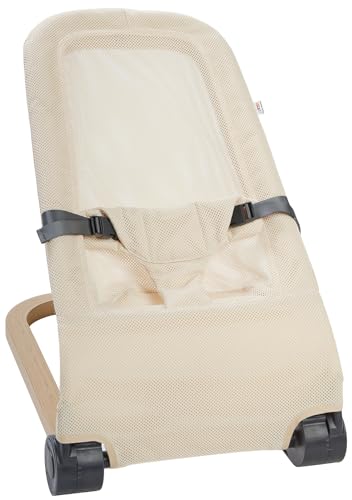 Giggle Bounce Deluxe Folding Baby Bouncer with Soothing Natural Movement, Convenient Portable Folding Design, Adjustable Multi Position Recline, Removable Mesh Cover, and Wood Grain Base, Cream