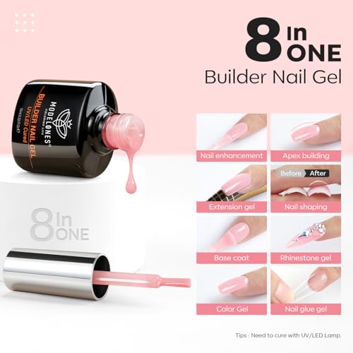 modelones Builder Nail Gel, 2 Pcs Clear and Rose Nude Pink Gel Builder for Nail Thickening Apex Building 8-in-One Rubber Base Gel Polish Nail Strengthener Extend Gel LED Nail Lamp Cured Hard Gel 10 ml