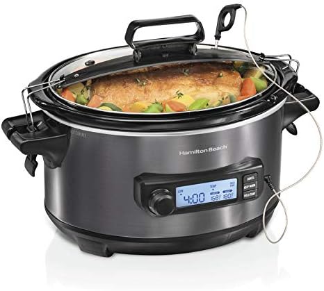 Hamilton Beach Portable 6 Quart Set & Forget Digital Programmable Slow Cooker with Lid Lock, Temperature Probe, Dishwasher Safe Crock & Lid, Black Stainless (33866)