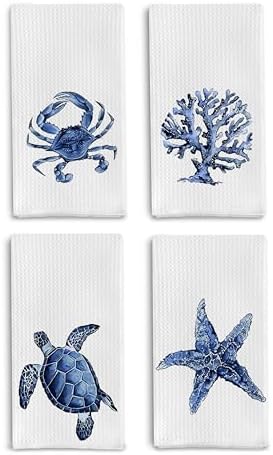 Coastal Kitchen Towels - Set of 4 - Decorative Dish and Hand Towels, 16x24 Inches - Watercolor Crab Coral Sea Turtle Starfish Design