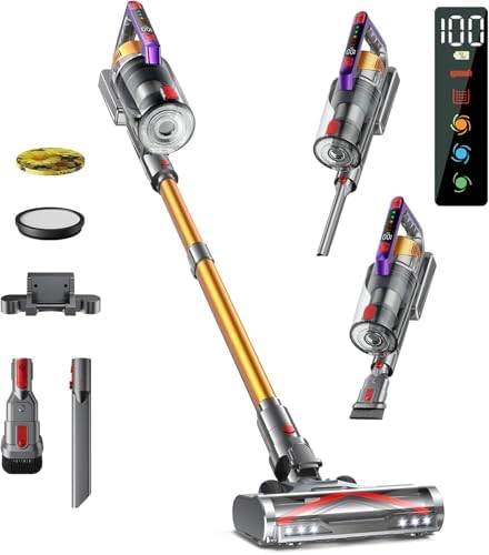 Cordless Vacuum Cleaner, 580W 48KPA 70Mins Vacuum Cleaners for Home, Self-Standing Stick Vacuum with Aromatherapy & LED Display Screen, Stick Vacuum Cordless Rechargeable for Pet Hair/Carpets (Gold)