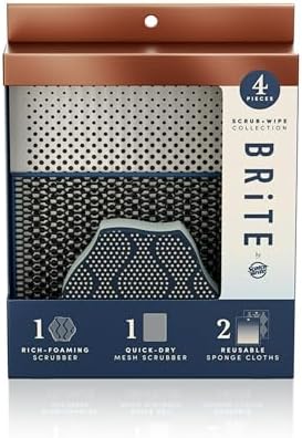 Brite by Scotch-Brite Limited Edition 4-Piece Scrub and Wipe Collection with 1 Rich-Foaming Dish Scrubber, 1 Quick-Dry Mesh Scrubber, and 2 Reusable Sponge Cloths