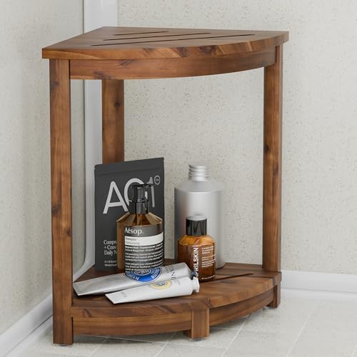 HOLANA 18" Acacia Wood Corner Shower Bench, Corner Shower Stool, Bath Stool with Lower Shelf - Wooden Shower Stool for Inside Shower - Shower Foot Rest, Shower Stands for Inside Shower (Walnut Color)