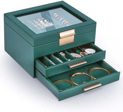 3-Layer Jewelry Box for Women, Jewelry Organizer with Glass Lid and Drawers, Jewelry Organizers and Storage for Necklaces, Rings, Earrings, Bracelets - White/Green/Black