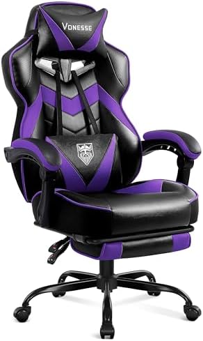 Vonesse Gaming Chair,Computer Chair with Footrest and Massage,Reclining Gaming Chairs for Adults,Big and Tall High Back Gamer Chair (Purple/Black)