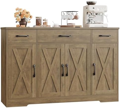HOSTACK Buffet Sideboard Cabinet with Drawers, 55" Large Buffet Storage Cabinet with Shelves and Doors, Modern Farmhouse Coffee Bar Station Wood Kitchen Table for Kitchen, Dining Room, Rustic Brown