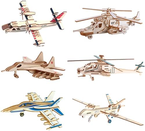 3D Wooden Puzzle - 6 Piece Set Aircraft & Helicopter Wooden Crafts Assembly Building Model Kits - Wood Aircraft & Helicopter STEM DIY Brain Teaser Puzzle for Adults & Teens Christmas Birthday Gifts