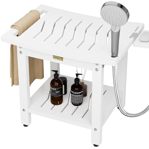 YEFU Shower Chair for Inside Shower: 21 Inch Oversized Waterproof/No Maintenance - Shower Stool with Shelf & Handle 400 LBS - Bathrooms/Outdoor - Non-Slip Easy Assemble Bench for Adult/Elderly/White
