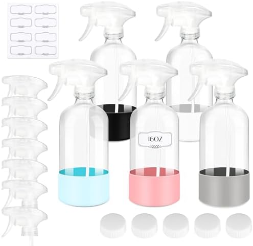5 Pack/16 Oz Glass Spray Bottles, Refillable Empty Containers with Silicone Sleeve, Upgraded Adjustable Nozzle Spray Bottle Sets for Cleaning, Essential Oils, Hair
