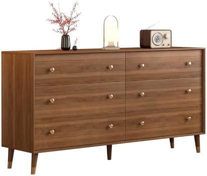 Mid Century Modern 6-Drawer Dresser, 55 Inch Wide Solid Wood Frame Chest, Walnut Finish, Beveled Design, Heavy-Duty Drawer Glides, Storage Cabinet for Bedroom, Living Room, TV Stand
