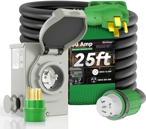 50 Amp Generator Cord 25FT and Power Inlet Box Combo Kit - Pre-Drilled, Waterproof, NEMA 14-50P to SS2-50R, ETL Listed