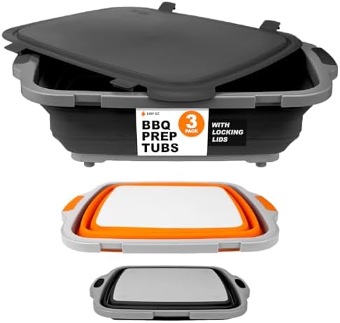 Drip EZ Collapsible BBQ Prep Tubs 3-Piece Set- For Meal Prep Marinating Food Storage - Includes Cutting Board & Lid - (1) JR - Black + (1) OG - Orange + (1) XL - Black
