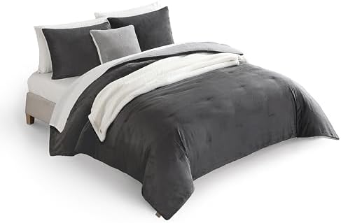 UGG Full/Queen Comforter Set 5 Piece Bed in a Bag with Throw Blanket, Decorative Pillow, Shams, Reversible Hypoallergenic Washable Luxury Warm Fluffy Bedding Set, Charcoal Grey (Remina)