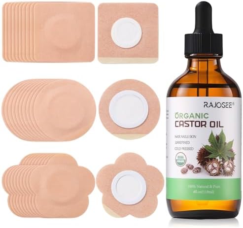 30Pcs Castor Oil Pack Wrap for Belly Button with 4oz Organic Castor Oil in Glass Bottle, Highly Absorbent Cotton Belly Button Patches Self Adhesive