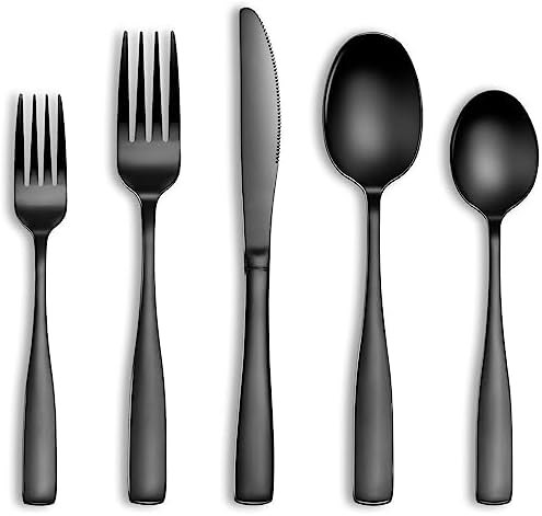 20 Pcs Black Silverware Set, Food-Grade Stainless Steel Flatware Set for 4, Square Cutlery Set, Mirror Polished Tableware Eating Utensils Set for Kitchen, Include Knife Fork Spoon Set,Dishwasher Safe