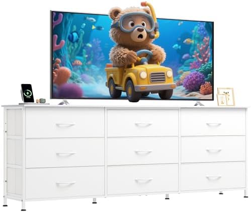 WLIVE 63''W Dresser for Bedroom, White Dresser TV Stand for 65, 70, 75 inch TV, Wide Chest of Drawers with 9 Drawer, Large Entertainment Center, Fabric Dressers with Wood Top for Closet, Living Room