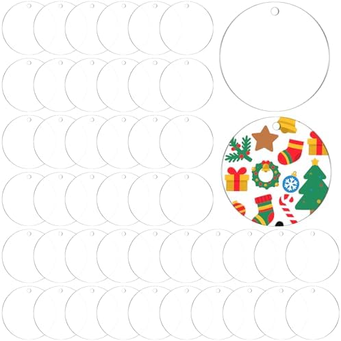 50 Pcs Acrylic Ornament Blanks 3 inch, Clear Keychains Blanks Acrylic Round Discs Blank with Hole for Christmas Ornaments Decor, Plastic Circles for Engraving, Painting, DIY Crafts