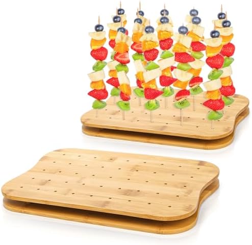 2 Pack Bamboo Skewer Holder, 90 Holes Fruit Kabobs Cocktail Pick Stand, Appetizer Food Display Serving Curved Board for Party, Buffet, Catering Event