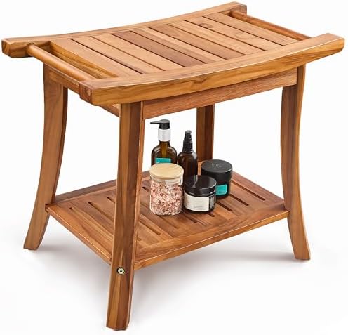 Tinamo 22" L Teak Shower Bench Seat for Inside Shower - Wooden Shower Bench with Shelf - Bathroom Bench and Teak Shower Stool for Spa and Bath - Wood Bench for Relaxing Bath (Teak Wood)